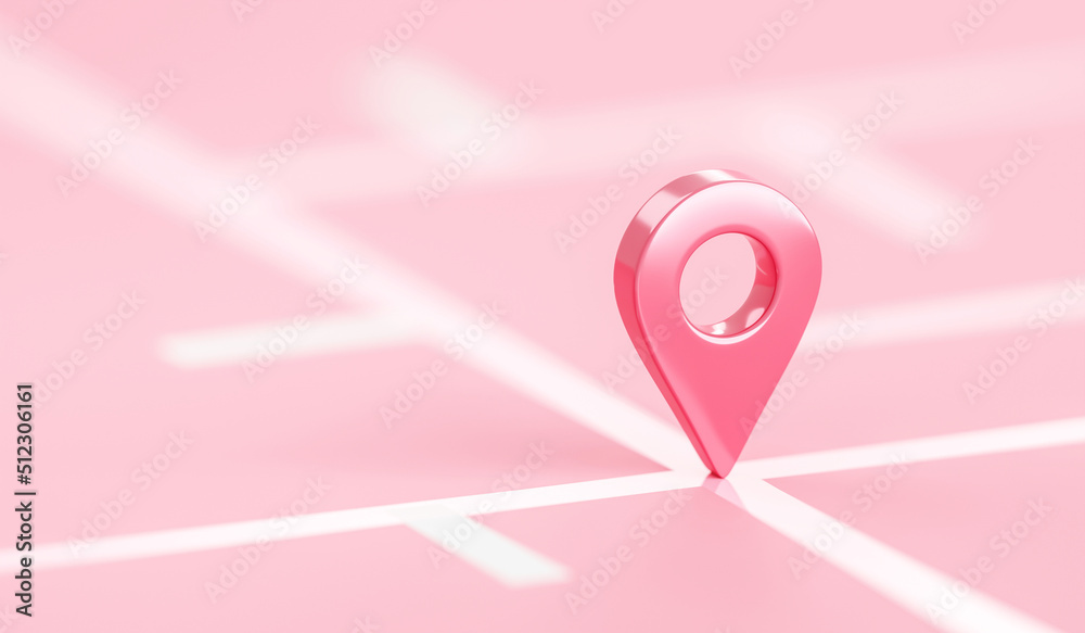 Pink location 3d icon on position place map navigation background with ...