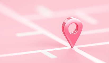 Fototapete - Pink location 3d icon on position place map navigation background with pastel direction pin point symbol or gps destination pointer marker route sign and discovery find road address delivery target.