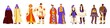 People in folk costumes. Couples in national clothes. Different countries persons. Men and women in traditional dress. Male and female outfits. World nationalities. Classy vector set