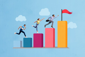Aufkleber - Composite collage picture of three people running climb success stairs development improvement painted cloud