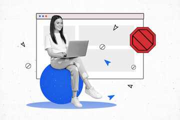 creative trend collage of millennial lady text friend using web window search info isolated paint ma