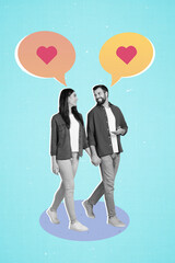 Sticker - Vertical collage image of two partners guy girl black white effect hold arms walk speak think love heart symbol bubble