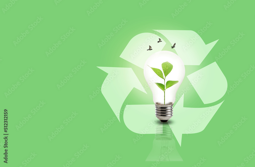 Light bulb and recycle symbol with small birds and green leaves inside ...