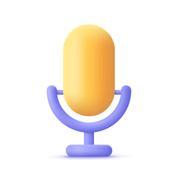 Wall Mural - Podcast microphone on stand, audio equipment .Broadcasts, interviews, podcast, voice recording concept. 3d vector icon. Cartoon minimal style.