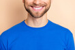 Leinwandbild Motiv Cropped photo of young cheerful guy toothy smile visit dentist cavity protection clinic isolated over beige color background