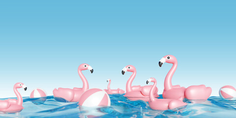 Wall Mural - Tropical summer concept design of inflatable flamingos in the swimming pool 3D render