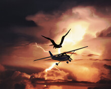 The Thunderbird Of Native American Myth Attacking A Small Plane With A Storm In The Distance