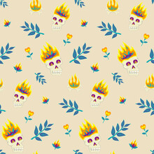 Seamless Pattern With Burning Skulls, Twigs, Bonfires And Flowers In Fantasy Style On Light Beige Background