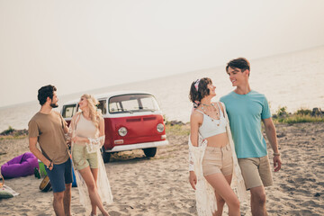 Wall Mural - Photo of romantic couples youth four people enjoy beach promenade wear boho outfit nature seaside beach outside