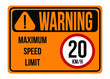 Warning 20km/h. Maximum speed limit. Traffic sign to regulate maximum speed in orange.