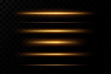 Wall Mural - Gold horizontal lens flares pack. Laser beams, horizontal light rays. Glow transparent vector light effect set, explosion, shine, spark, solar flare.
