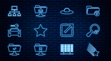 Poster - Set line Falling star, Unknown search, UFO flying spaceship, Star, Car rental, Computer network, Open new window and FTP folder download icon. Vector