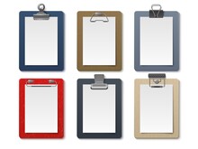 Realistic Board Tablets. Portable Paper Holder, Different Clipboards Clamps, Empty White Sheets, Various Colors Notebook, Blank Notepad Pages. Simple Pads Mockup, Utter Vector Isolated Set