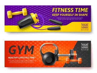 Realistic gym fitness banners. Sport equipment and accessories, bodybuilding dumbbell, kettlebell and skipping rope, advertising fitness horizontal bright poster, vector concept