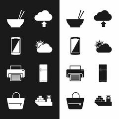 Poster - Set Sun and cloud weather, Smartphone, mobile phone, Bowl with chopsticks, Cloud upload, Printer and Refrigerator icon. Vector