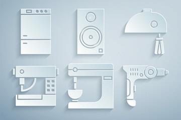 Set Electric mixer, Sewing machine, drill, Stereo speaker and Refrigerator icon. Vector