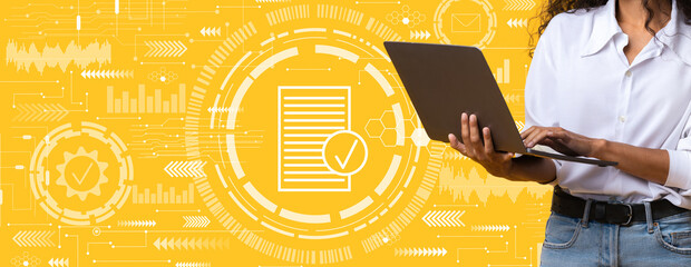 Cropped millennial european teacher, student or blogger types on laptop on orange background with abstract symbols