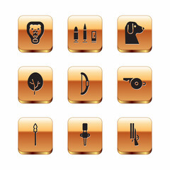 Sticker - Set Bear head on shield, Medieval spear, Torch flame, Bow, Tree, Dog, Shotgun and Bullet and cartridge icon. Vector