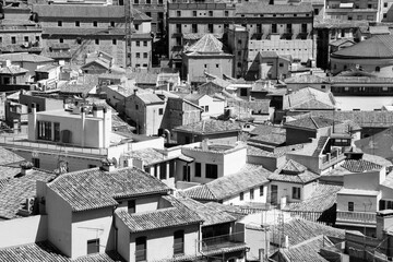 Poster - Toledo city aerial view, Spain. Black white photo retro style. Spanish landmark.