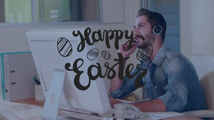 Poster - Animation of happy easter text over caucasian businessman using computer