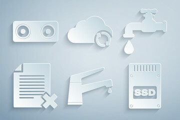 Poster - Set Water tap, , Delete file document, SSD card, Cloud sync refresh and Stereo speaker icon. Vector