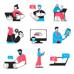 Poster - Workflow concept set in flat design. Man and woman work at laptop, perform tasks, optimize processes, communicate online, planning, developing. Vector illustration with pack of people scenes for web
