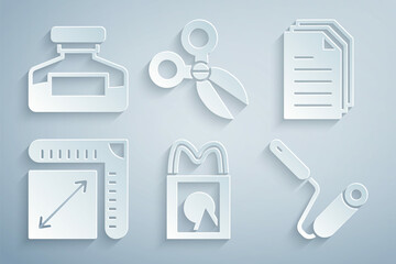 Sticker - Set Paper shopping bag, File document, size, Paint roller brush, Scissors and Ink bottle icon. Vector