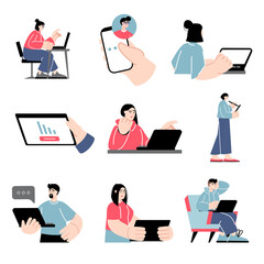 Wall Mural - Digital business concept set in flat design. Man and woman working, making marketing research, promotion, seo analysis, communicate with clients. Vector illustration with pack of people scenes for web