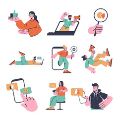 Aufkleber - Digital marketing concept set in flat design. Man and woman making advertising at social media, promotion, attracting followers, promo mailing. Vector illustration with pack of people scenes for web