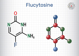 Wall Mural - Flucytosine, 5-fluorocytosine, 5-FC molecule. It is an antifungal  medicine. Structural chemical formula, molecule model. Sheet of paper in a cage.