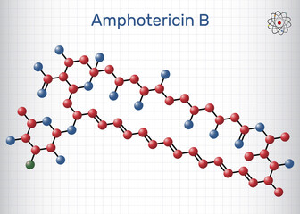 Sticker - Amphotericin B molecule. It is antifungal used to treat fungal infections. Molecule model. Sheet of paper in a cage