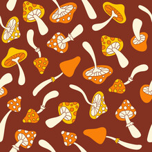 Floral Hippie Seamless Pattern With Cute Mushrooms  On A Brown Background. Groovy Retro Vintage Print In Style 70s, 80s. Vector Illustration