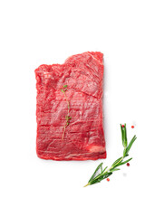 Wall Mural - Raw flank steak or Outside skirt steak isolated on white color by seasonings and herbs