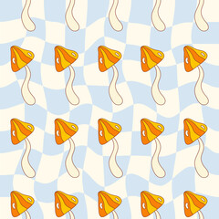 Poster - Retro hippie seamless pattern with cute mushrooms on a blue wavy checkerboard. Groovy  vintage print in style 70s, 80s. Vector illustration