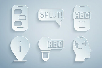 Sticker - Set Creative lamp light idea, Foreign language online study, Information, Learning foreign languages, Salut different and New chat messages notification icon. Vector