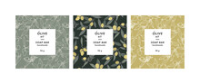 Vector Set Seamless Patterns For Cosmetics With Template Design Labels. Backgrounds With Olives Branches For Handmade Soap.