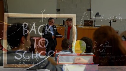 Poster - Animation of back to school text over caucasian male teacher with diverse students talking