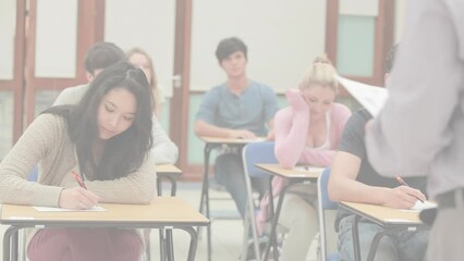 Poster - Animation of light background over diverse students during exam