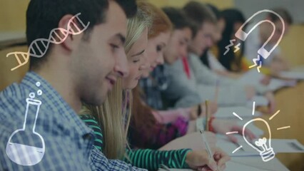 Poster - Animation of school icons over diverse students during exam