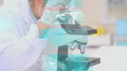 Poster - Animation of data processing over caucasian female scientist using microscope