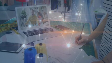 Poster - Animation of network of connections over caucasian man having video call