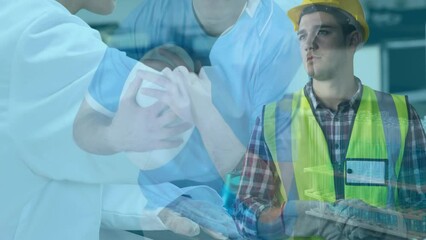 Poster - Animation of caucasian rugby player and worker over caucasian scientist with pipette