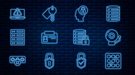 Fototapete - Set line Graphic password protection, Ringing alarm bell, Human head with lock, Identification badge, Server, Data, Web Hosting, Laptop exclamation mark, security and Marked key icon. Vector
