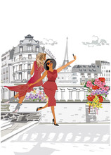 Beautiful Girls In Hat And Red Dresses Taking Selfies In Summer. Hand Drawn Vector Architectural Background With Historic Buildings And People.