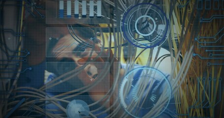 Poster - Animation of scope scanning and data processing over caucasian it man computer server