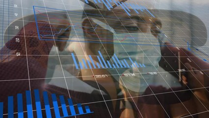 Poster - Animation of financial graphs and dollar over african american man in face mask