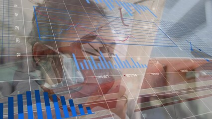 Poster - Animation of financial graphs and dollar over biracial woman in face mask