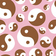 Seamless pattern with cute 00s and 90s asian Yin Yang symbol on pink. Retro glamorous girl style. Flat trendy 2000s y2k texture for textile, paper, fabric. Vector childish surface