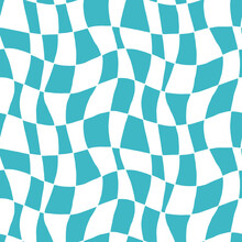 Blue And White Checkerboard Seamless Pattern. Retro Groovy Waves. Geometry. Y2K 90s 00s Psychedelic Texture For Textile, Paper, Fabric. Twisted Check Vector. Simple Abstract Hypnotic Surface
