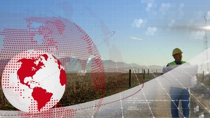 Poster - Animation of globe and world map over engineer and wind turbine